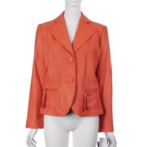 NWT TERRY LEWIS Women Blazer Jacket XS Orange Leather Button Up Lined Tassels